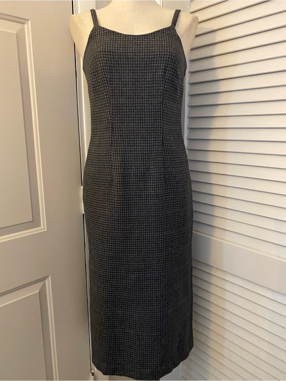 Vintage 1990’s J. Peterman Charcoal Houndstooth Wool Midi Slip Dress- Size 6